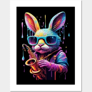 Cute Rabbit Playing Saxophone Posters and Art